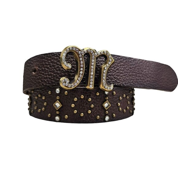 Miss Me Accessories - Miss Me Brown Bling Studded Leather Belt With Rhinestone M Buckle size xs/s